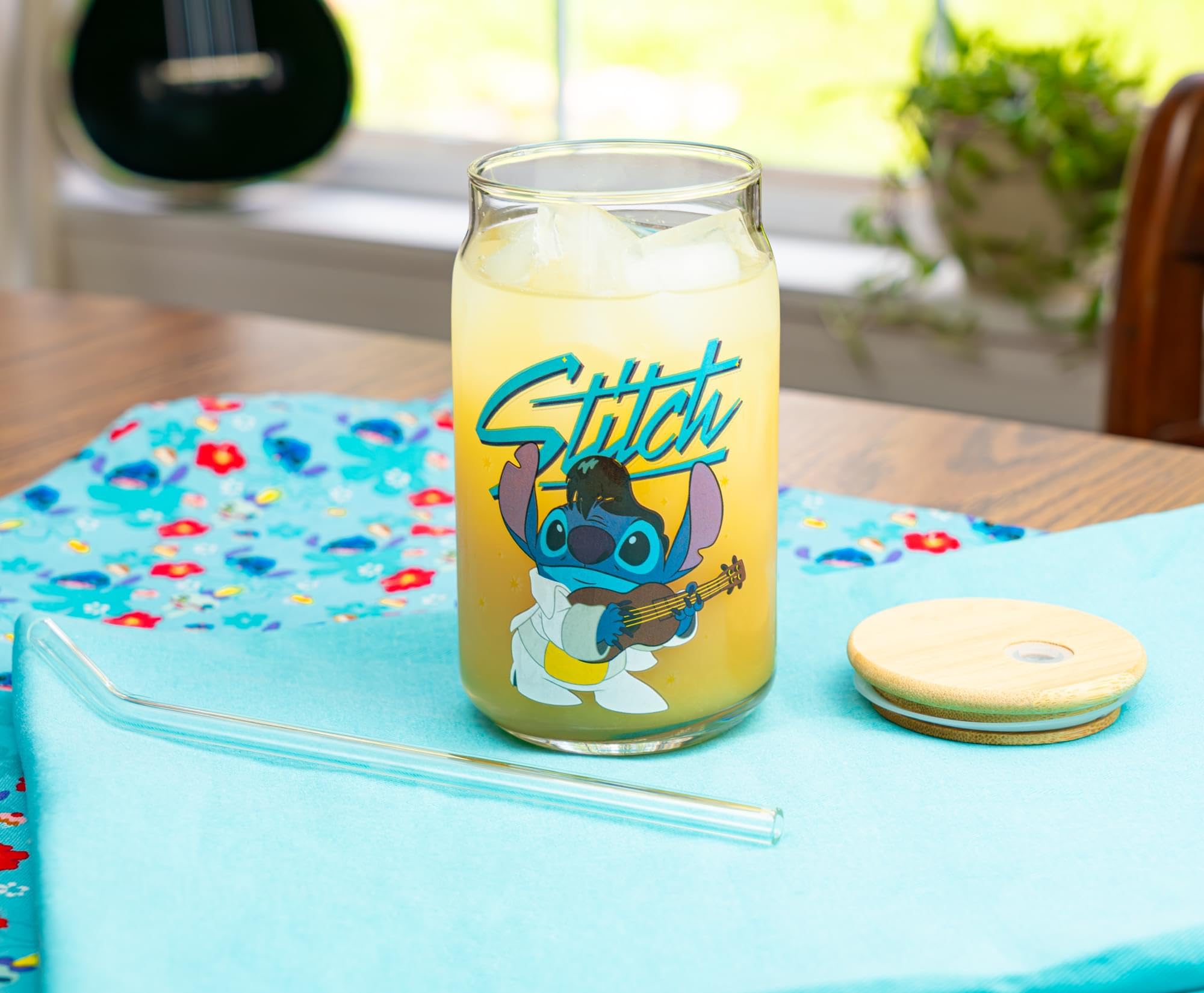 Silver Buffalo Disney Lilo and Stitch Glass Tumbler with Bamboo Lid and Glass Straw Featuring Stitch in an Elvis Costume, 16 Oun